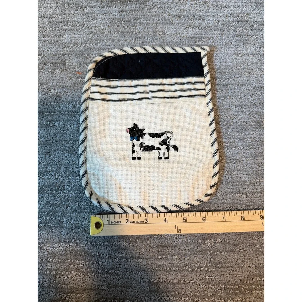 Handmade Cross Stitch Cow Quilted Pot Holder Cream Black Striped Farmhouse Decor